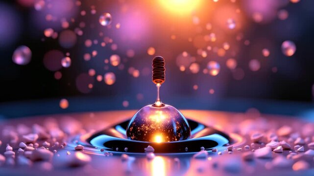 Microcosmic Reflection: Capturing a stylized drop and tiny figure creating ripples in water with enchanting bokeh and a dramatic atmosphere. 