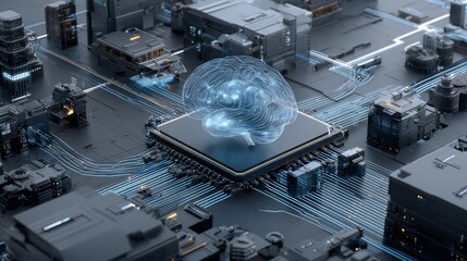 A futuristic illustration shows a digital brain integrated with a circuit board, symbolizing neural network and AI technology integration.