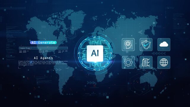 AI agents and AI generate technology with global digital map, automation, cloud computing, machine learning, and cybersecurity icons. Technology artificial intelligence concept - Powered by Adobe