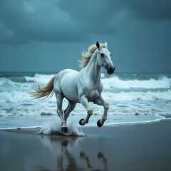 Majestic white horse on a stormy seashore, perfect for title and tags.