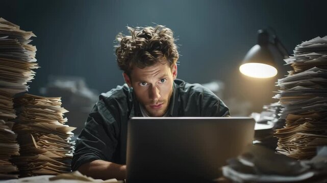 cinematic wide shot, stressed young professional surrounded by towering piles of paperwork and files at a cluttered desk, computer screen glowing in dark office, late night