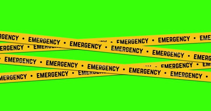 Animated design of yellow caution tape interlacing with EMERGENCY text on a green chroma key