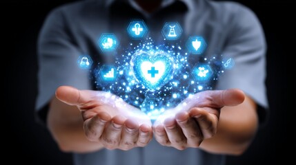 A man is holding a blue heart with a bunch of icons surrounding it