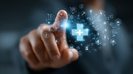 A hand is pointing to a cross with a bunch of icons surrounding it