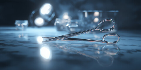 Pair of surgical forceps lies on reflective surface in dimly lit medical setting, creating sterile and professional atmosphere. focus is on shiny metal tool