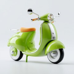 A small, green vintage scooter model with an orange seat, placed on a plain white background. Features chrome accents and round headlight.