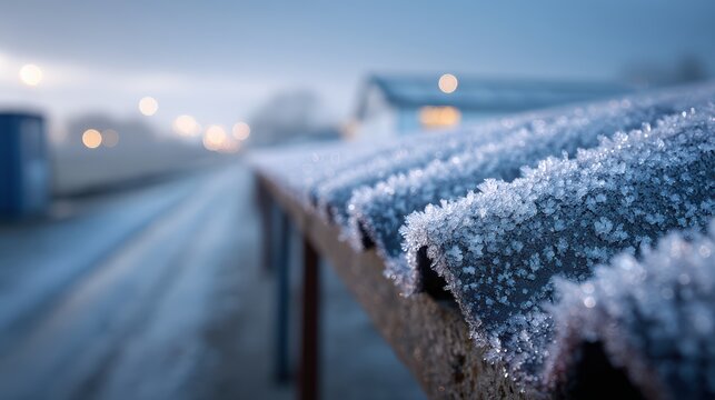 Frosty Roof and Winter Landscape with Soft Evening Light