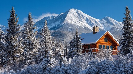 Fototapeta premium A cozy mountain cabin nestled among snow-capped trees, with a clear blue sky and a snowy peak in the background, real photo, stock photography