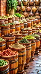 Fototapeta premium Aromatic spice market with wooden barrels and terracotta pots