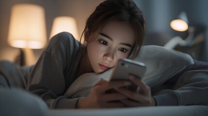 A young woman is lying in bed, using a smartphone in a dimly lit bedroom during the night.