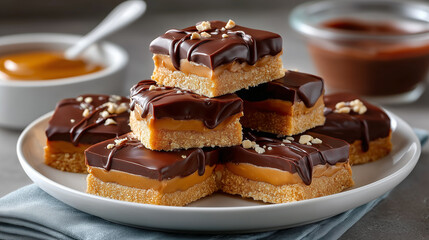 A batch of no bake chocolate peanut butter bars cut into squares on a white plate, with melted chocolate topping glistening