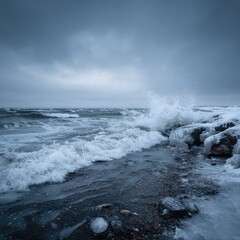 Waves crashing on the shore, frozen in dynamic motion." 