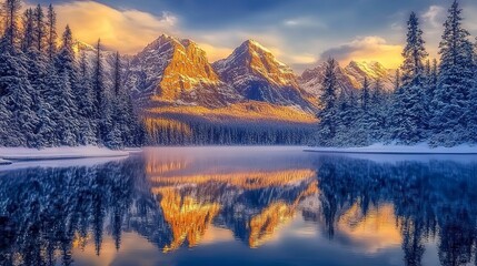 Fototapeta premium A peaceful lake at sunset, the golden light casting warm tones on the snow-covered peaks and their reflection shimmering in the water