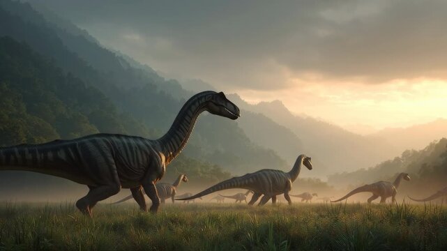 ultra-realistic wide shot of a herd of dinosaurs grazing in a misty prehistoric valley at sunrise, cinematic golden hour lighting, detailed environment, soft focus background, photorealistic