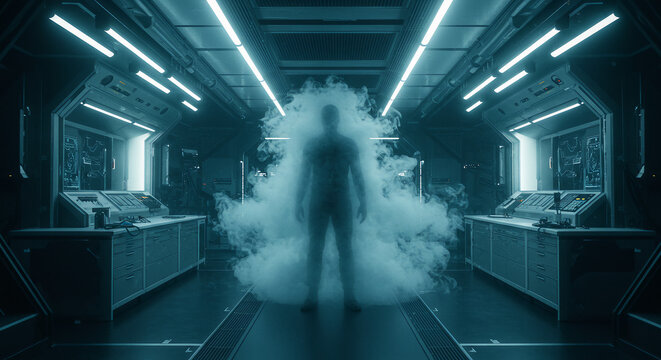 Ethereal Figure in Futuristic Control Room Illuminated by Neon Lights and Enshrouded in Vapor.