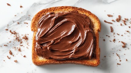 Toast covered generously with chocolate hazelnut spread and chocolate shavings. Showcase breakfast treats, simple dessert, or sweet food photography.