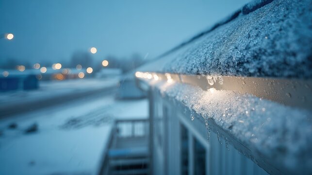 Snowy Roof with Icicles and Warm Lights in a Winter Evening Scene