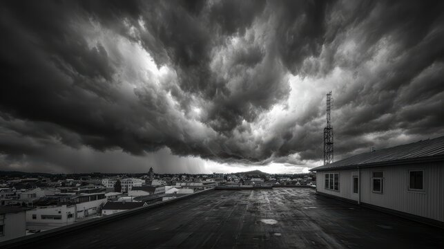 Dramatic Black and White Sky Over Urban Rooftops Before Storm