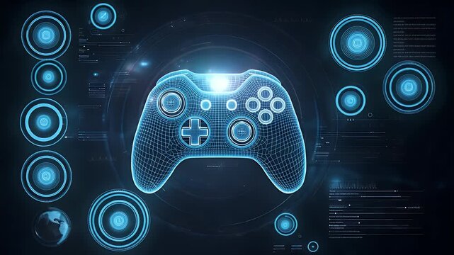 
A glowing game controller icon in the center of an abstract digital background, surrounded by swirling lines and data points representing technology. 