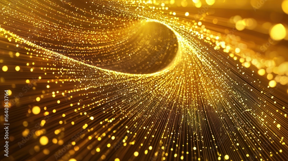 Wall mural Tunnel gold color digital particles dots and line twist abstract background for new year or important events, 3d rendering