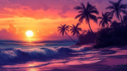 A tropical sunset beach scene with palm trees in silhouette, waves gently crashing on the shore as the sky glows with the warm colors of dusk, real photo, stock photography