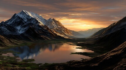 A sunrise in the mountains, with snow-capped peaks and golden light illuminating the valley. A lake reflects the sky. 