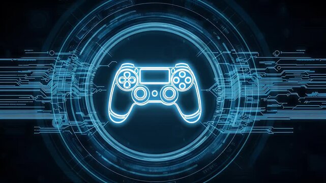 
A glowing game controller icon in the center of an abstract digital background, surrounded by swirling lines and data points representing technology. 