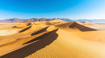 An aerial view of a vast desert landscape with towering sand dunes, casting long shadows under a clear blue sky, real photo, stock photography