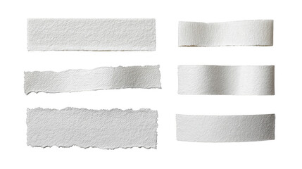 A series of torn pieces of paper, each with a different shape and size