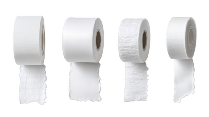 Four rolls of white paper towels are shown, with one roll being torn