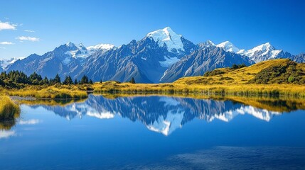 A majestic mountain range reflected in a crystal-clear glacial lake, with a clear blue sky and snow-capped peaks, real photo, stock photography