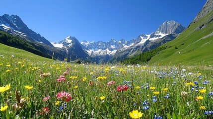 A vibrant alpine meadow filled with wildflowers, nestled among snow-capped mountains under a clear blue sky, real photo, stock photography