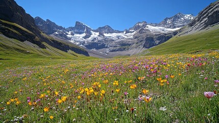 A vibrant alpine meadow filled with wildflowers, nestled among snow-capped mountains under a clear blue sky, real photo, stock photography