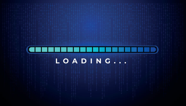 Modern glowing blue loading bar with "LOADING..." text, illuminated against a dark background with binary numbers (1,0) like a Matrix, Technology futuristic artificial intelligence concept. Background
