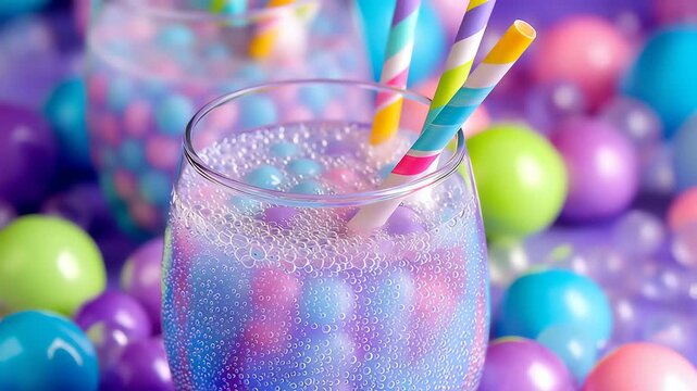 Colorful drink with bubbles and straws surrounded by candy balls, perfect for children's parties