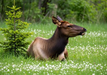 A young elk resting in a field of white flowers near a small tree