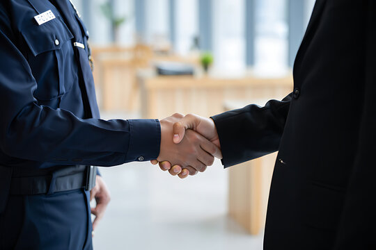 Police officer and civilian shaking hands in agreement