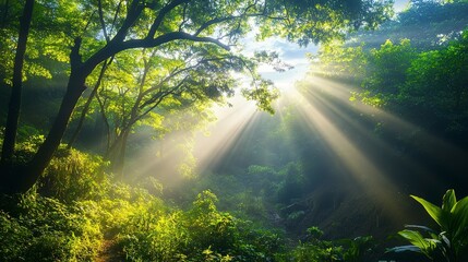 Morning mist lingering in a dense forest, with bright beams of sunlight filtering through the trees, creating a warm, peaceful atmosphere. Real photo, stock photography.
