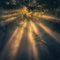 Sunlight peeking through a dense canopy of trees in a foggy forest at dawn, casting beams of light through the mist. Real photo, stock photography.