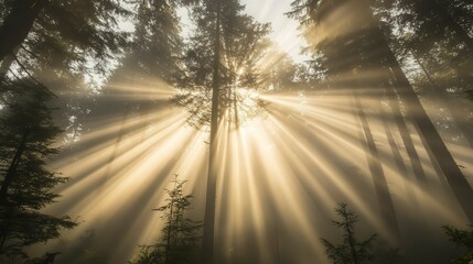 Sunlight peeking through a dense canopy of trees in a foggy forest at dawn, casting beams of light through the mist. Real photo, stock photography.