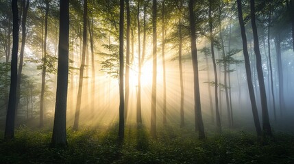 Obraz premium Sunlight peeking through a dense canopy of trees in a foggy forest at dawn, casting beams of light through the mist. Real photo, stock photography.