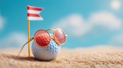Golf ball on sand wearing sunglasses with tiny flag, creating humorous scene