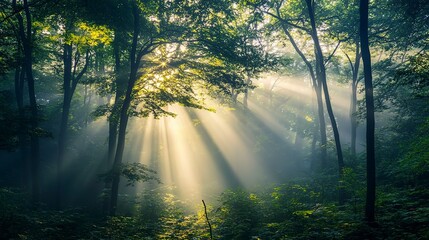 Fototapeta premium Sunlight peeking through a dense canopy of trees in a foggy forest at dawn, casting beams of light through the mist. Real photo, stock photography.