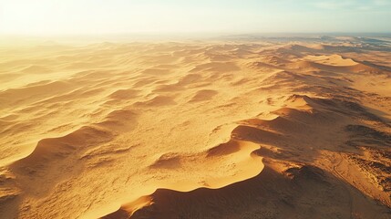 Sweeping aerial shot of a vast desert plain, sand dunes creating delicate patterns, their shadows giving texture to the sunlit golden sands