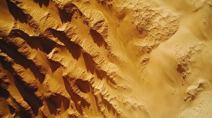 Sweeping aerial shot of a vast desert plain, sand dunes creating delicate patterns, their shadows giving texture to the sunlit golden sands