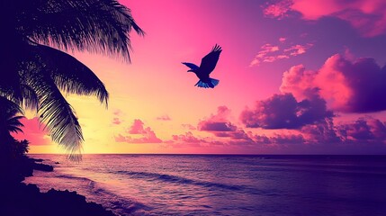 A stock photo of a tropical beach at sunset, with a colorful bird flying overhead. The bird's silhouette is framed by the vibrant colors of the sky.