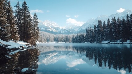 A breathtaking lake landscape with snow-covered trees lining the shore, reflecting the snow-capped peaks of a mountain range, real photo, stock photography