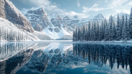A breathtaking lake landscape with snow-covered trees lining the shore, reflecting the snow-capped peaks of a mountain range, real photo, stock photography