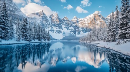 A breathtaking lake landscape with snow-covered trees lining the shore, reflecting the snow-capped peaks of a mountain range, real photo, stock photography