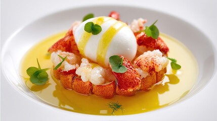 Lobster & poached egg dish in light sauce, garnished with small greens on white plate